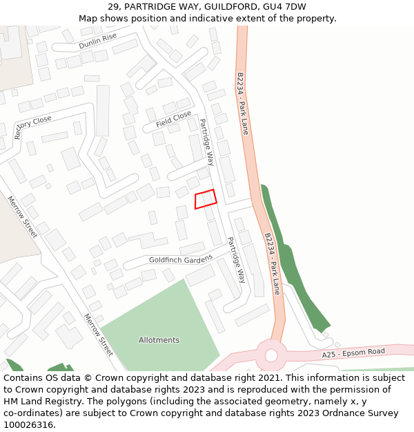 29, PARTRIDGE WAY, GUILDFORD, GU4 7DW: Location map and indicative extent of plot
