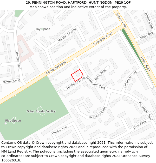 29, PENNINGTON ROAD, HARTFORD, HUNTINGDON, PE29 1QF: Location map and indicative extent of plot