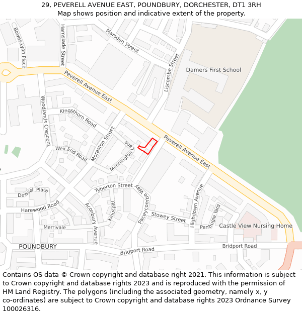 29, PEVERELL AVENUE EAST, POUNDBURY, DORCHESTER, DT1 3RH: Location map and indicative extent of plot