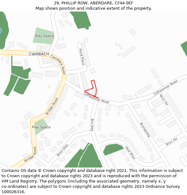 29, PHILLIP ROW, ABERDARE, CF44 0EF: Location map and indicative extent of plot