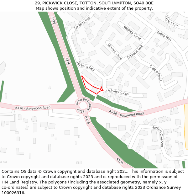 29, PICKWICK CLOSE, TOTTON, SOUTHAMPTON, SO40 8QE: Location map and indicative extent of plot