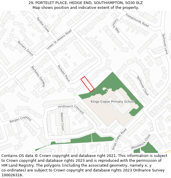 29, PORTELET PLACE, HEDGE END, SOUTHAMPTON, SO30 0LZ: Location map and indicative extent of plot