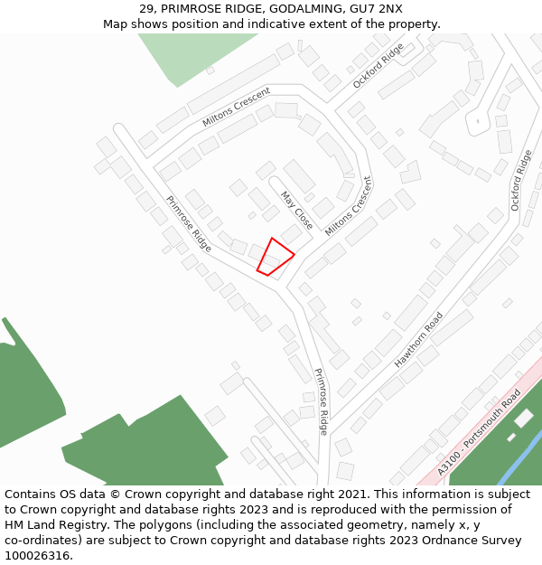29, PRIMROSE RIDGE, GODALMING, GU7 2NX: Location map and indicative extent of plot