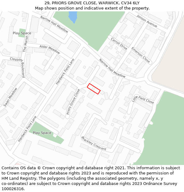 29, PRIORS GROVE CLOSE, WARWICK, CV34 6LY: Location map and indicative extent of plot