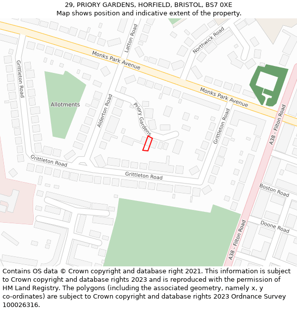 29, PRIORY GARDENS, HORFIELD, BRISTOL, BS7 0XE: Location map and indicative extent of plot