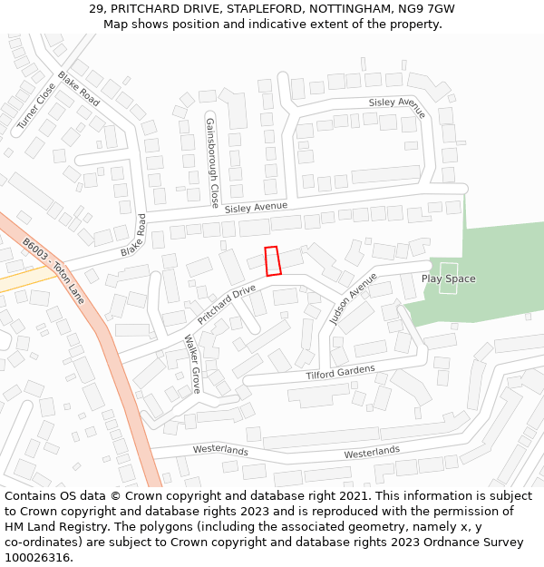 29, PRITCHARD DRIVE, STAPLEFORD, NOTTINGHAM, NG9 7GW: Location map and indicative extent of plot