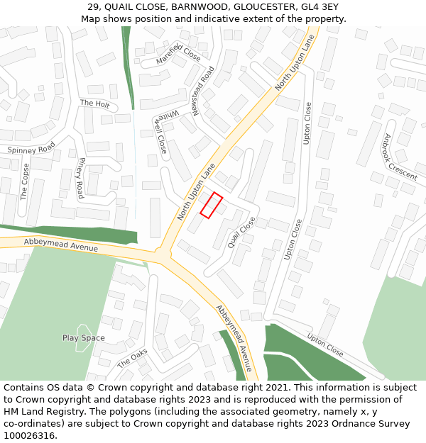 29, QUAIL CLOSE, BARNWOOD, GLOUCESTER, GL4 3EY: Location map and indicative extent of plot