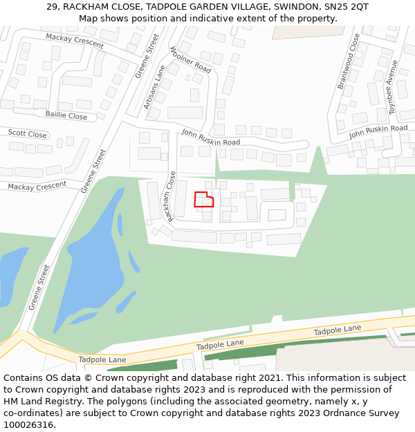 29, RACKHAM CLOSE, TADPOLE GARDEN VILLAGE, SWINDON, SN25 2QT: Location map and indicative extent of plot