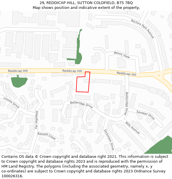 29, REDDICAP HILL, SUTTON COLDFIELD, B75 7BQ: Location map and indicative extent of plot