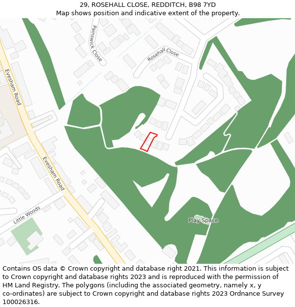 29, ROSEHALL CLOSE, REDDITCH, B98 7YD: Location map and indicative extent of plot