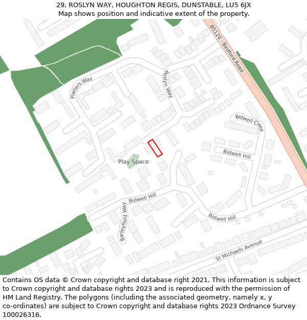 29, ROSLYN WAY, HOUGHTON REGIS, DUNSTABLE, LU5 6JX: Location map and indicative extent of plot