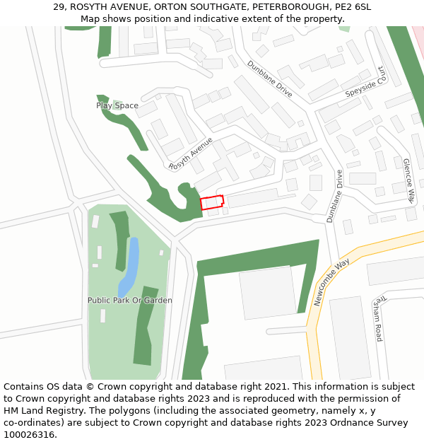 29, ROSYTH AVENUE, ORTON SOUTHGATE, PETERBOROUGH, PE2 6SL: Location map and indicative extent of plot