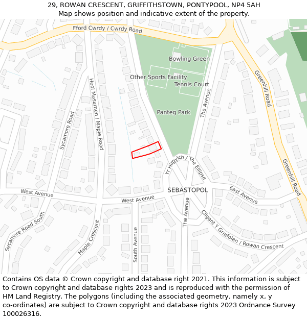 29, ROWAN CRESCENT, GRIFFITHSTOWN, PONTYPOOL, NP4 5AH: Location map and indicative extent of plot