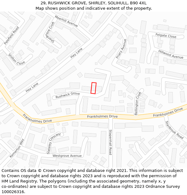 29, RUSHWICK GROVE, SHIRLEY, SOLIHULL, B90 4XL: Location map and indicative extent of plot