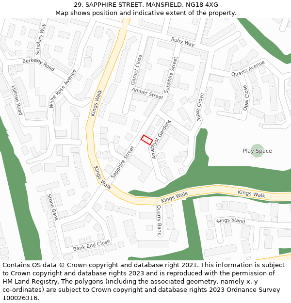 29, SAPPHIRE STREET, MANSFIELD, NG18 4XG: Location map and indicative extent of plot