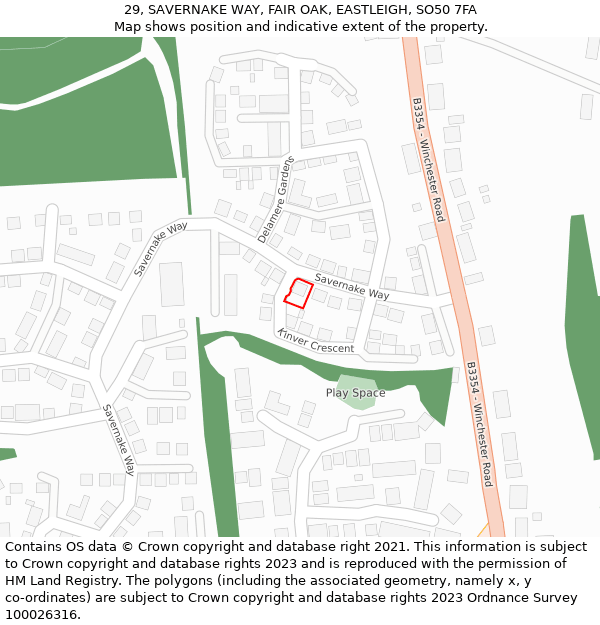 29, SAVERNAKE WAY, FAIR OAK, EASTLEIGH, SO50 7FA: Location map and indicative extent of plot