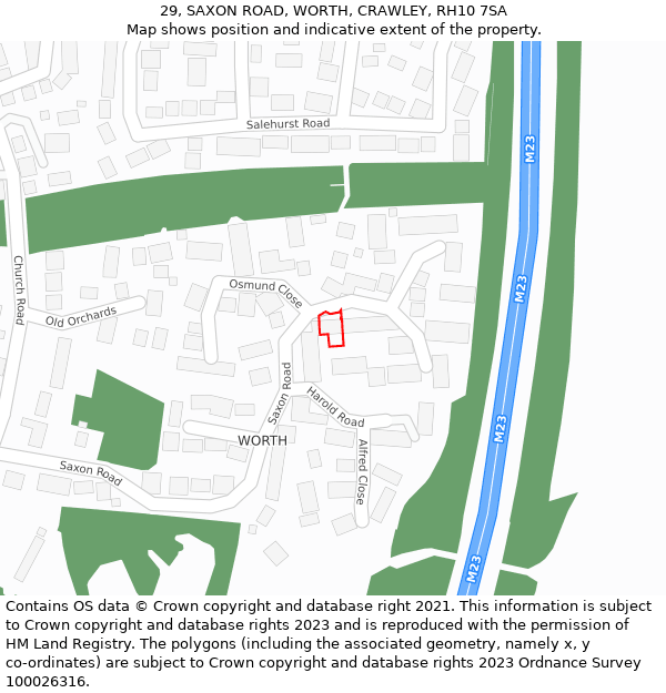 29, SAXON ROAD, WORTH, CRAWLEY, RH10 7SA: Location map and indicative extent of plot