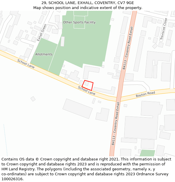 29, SCHOOL LANE, EXHALL, COVENTRY, CV7 9GE: Location map and indicative extent of plot