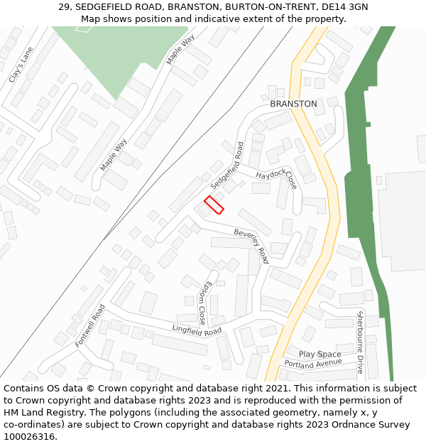 29, SEDGEFIELD ROAD, BRANSTON, BURTON-ON-TRENT, DE14 3GN: Location map and indicative extent of plot