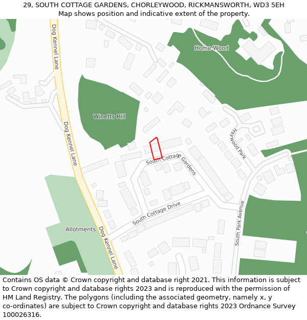 29, SOUTH COTTAGE GARDENS, CHORLEYWOOD, RICKMANSWORTH, WD3 5EH: Location map and indicative extent of plot