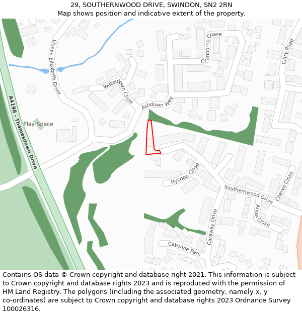 29, SOUTHERNWOOD DRIVE, SWINDON, SN2 2RN: Location map and indicative extent of plot