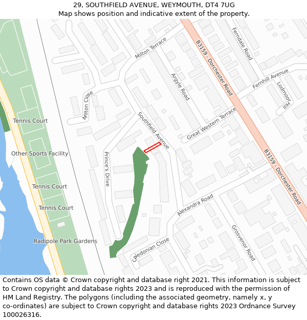 29, SOUTHFIELD AVENUE, WEYMOUTH, DT4 7UG: Location map and indicative extent of plot