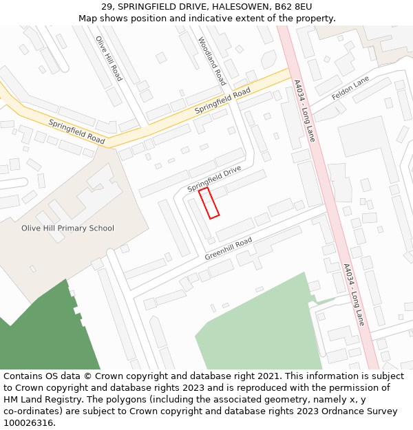 29, SPRINGFIELD DRIVE, HALESOWEN, B62 8EU: Location map and indicative extent of plot