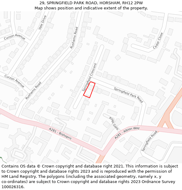 29, SPRINGFIELD PARK ROAD, HORSHAM, RH12 2PW: Location map and indicative extent of plot