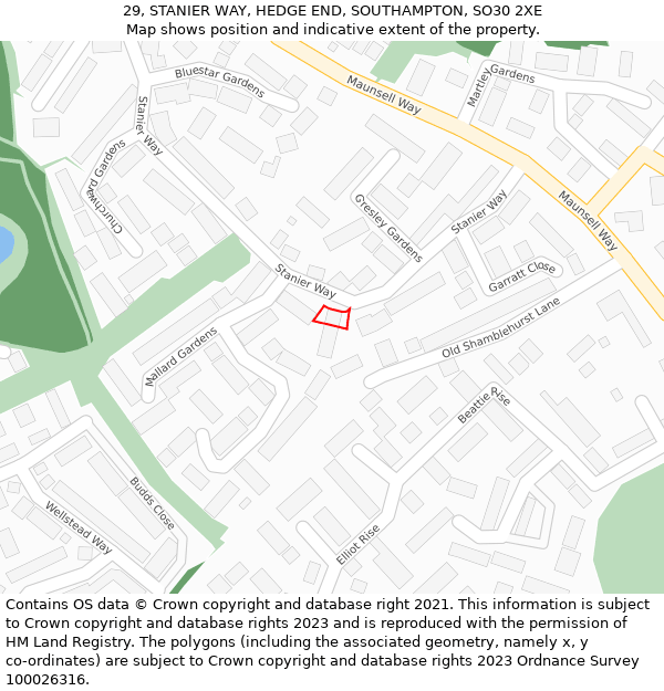 29, STANIER WAY, HEDGE END, SOUTHAMPTON, SO30 2XE: Location map and indicative extent of plot