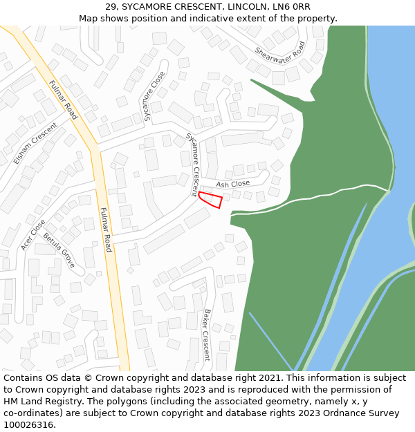 29, SYCAMORE CRESCENT, LINCOLN, LN6 0RR: Location map and indicative extent of plot