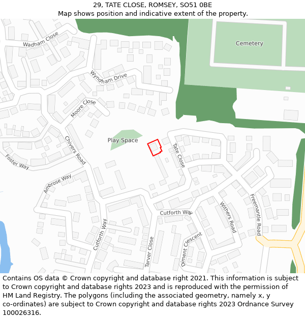 29, TATE CLOSE, ROMSEY, SO51 0BE: Location map and indicative extent of plot