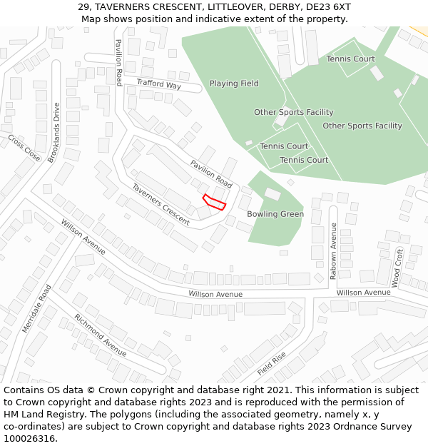 29, TAVERNERS CRESCENT, LITTLEOVER, DERBY, DE23 6XT: Location map and indicative extent of plot