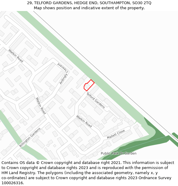 29, TELFORD GARDENS, HEDGE END, SOUTHAMPTON, SO30 2TQ: Location map and indicative extent of plot