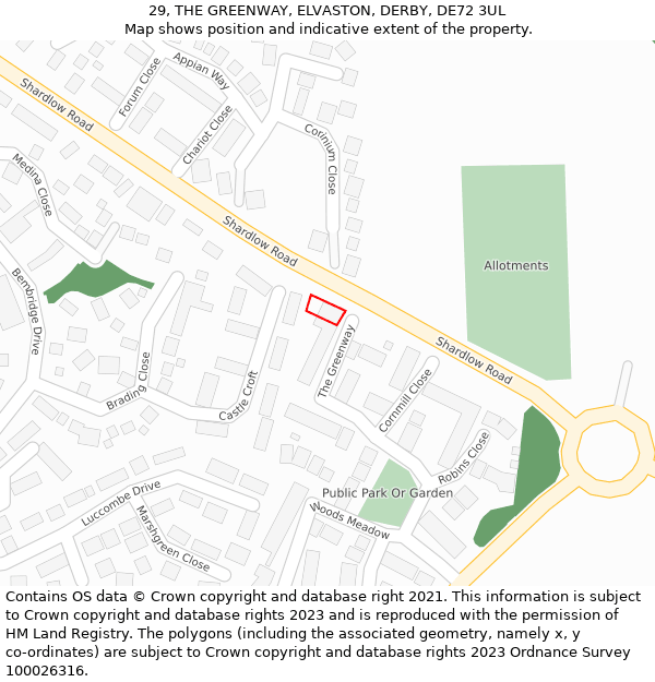 29, THE GREENWAY, ELVASTON, DERBY, DE72 3UL: Location map and indicative extent of plot