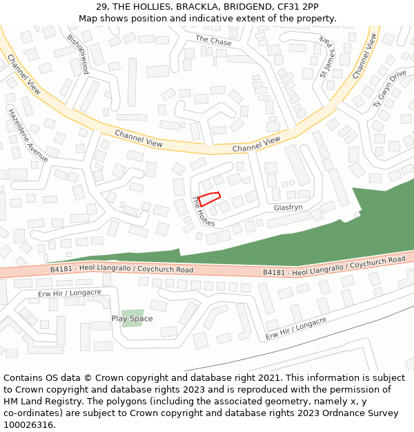 29, THE HOLLIES, BRACKLA, BRIDGEND, CF31 2PP: Location map and indicative extent of plot