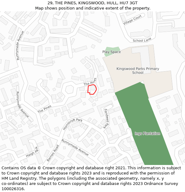 29, THE PINES, KINGSWOOD, HULL, HU7 3GT: Location map and indicative extent of plot