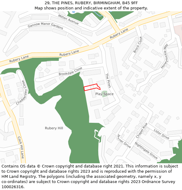 29, THE PINES, RUBERY, BIRMINGHAM, B45 9FF: Location map and indicative extent of plot