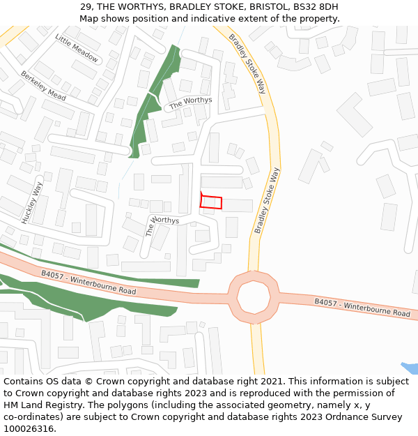29, THE WORTHYS, BRADLEY STOKE, BRISTOL, BS32 8DH: Location map and indicative extent of plot