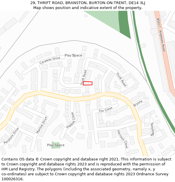 29, THRIFT ROAD, BRANSTON, BURTON-ON-TRENT, DE14 3LJ: Location map and indicative extent of plot
