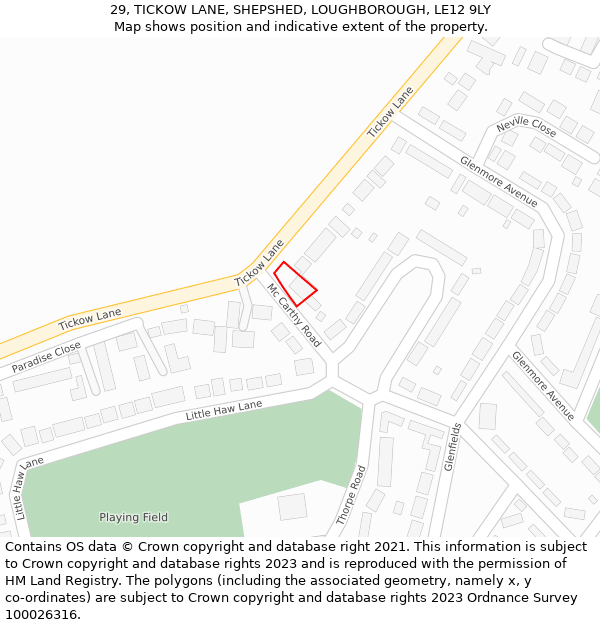 29, TICKOW LANE, SHEPSHED, LOUGHBOROUGH, LE12 9LY: Location map and indicative extent of plot