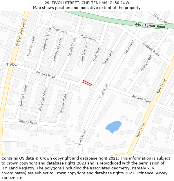 29, TIVOLI STREET, CHELTENHAM, GL50 2UW: Location map and indicative extent of plot