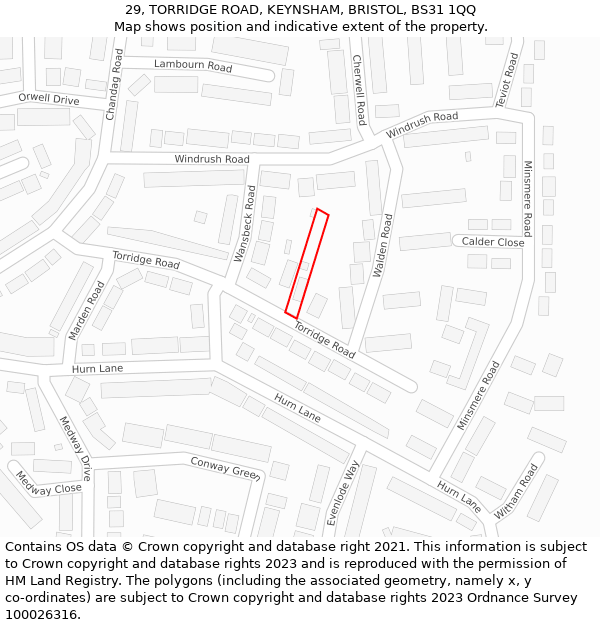 29, TORRIDGE ROAD, KEYNSHAM, BRISTOL, BS31 1QQ: Location map and indicative extent of plot