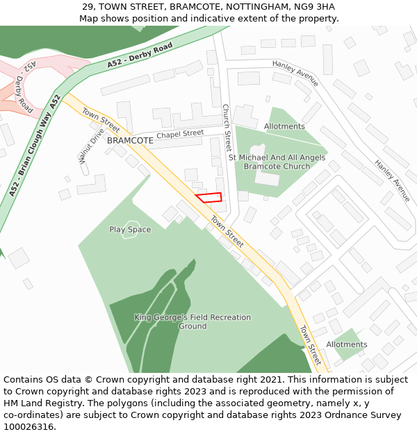 29, TOWN STREET, BRAMCOTE, NOTTINGHAM, NG9 3HA: Location map and indicative extent of plot