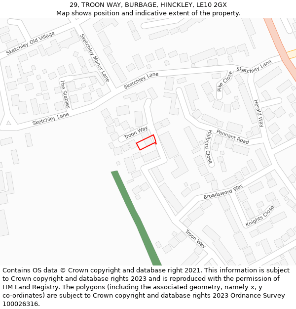 29, TROON WAY, BURBAGE, HINCKLEY, LE10 2GX: Location map and indicative extent of plot