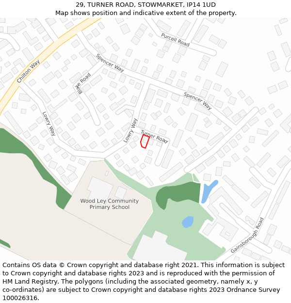 29, TURNER ROAD, STOWMARKET, IP14 1UD: Location map and indicative extent of plot