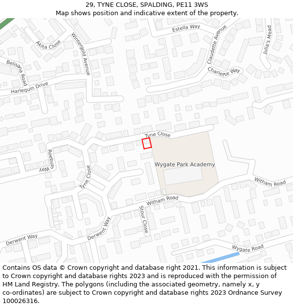 29, TYNE CLOSE, SPALDING, PE11 3WS: Location map and indicative extent of plot