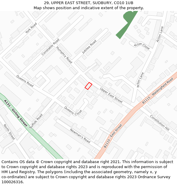 29, UPPER EAST STREET, SUDBURY, CO10 1UB: Location map and indicative extent of plot