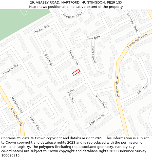 29, VEASEY ROAD, HARTFORD, HUNTINGDON, PE29 1SX: Location map and indicative extent of plot