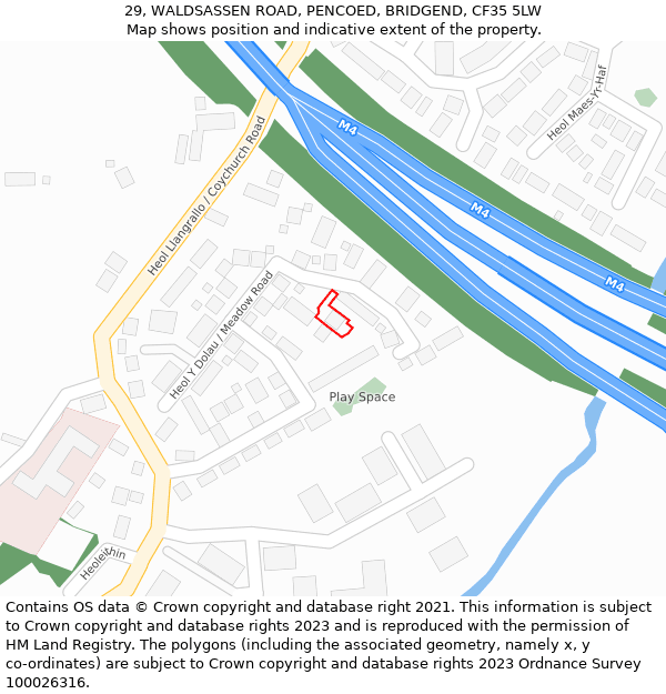 29, WALDSASSEN ROAD, PENCOED, BRIDGEND, CF35 5LW: Location map and indicative extent of plot