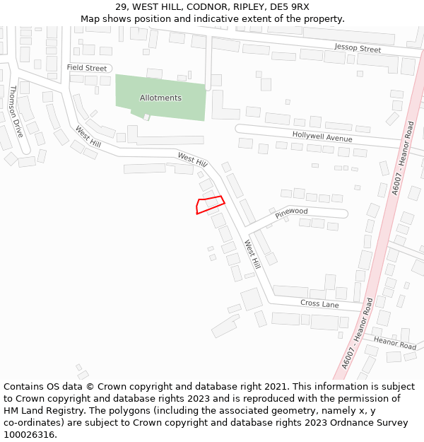 29, WEST HILL, CODNOR, RIPLEY, DE5 9RX: Location map and indicative extent of plot